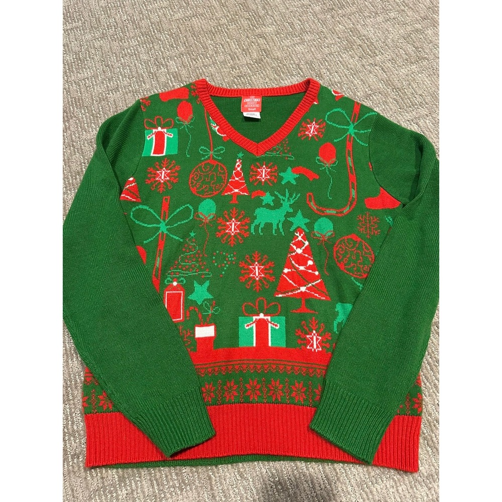 My Christmas Party Sweater Green Red Reindeer Snowflake Holiday V-Neck Small